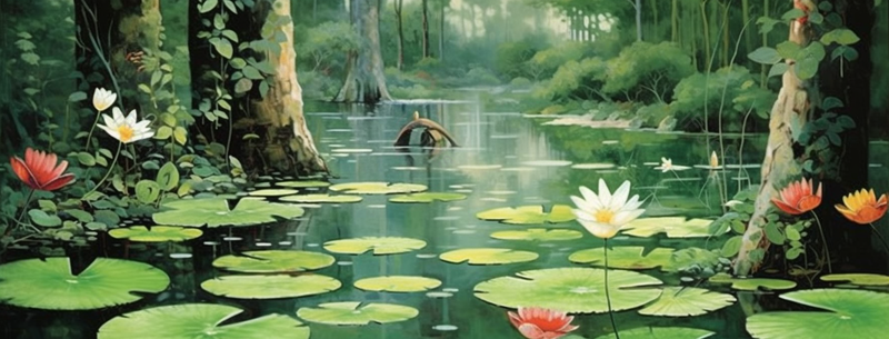 绿色树林里池塘里的荷叶荷花插画背景,插画/手绘图,插画/手绘图库,插画/手绘图下载,插画/手绘